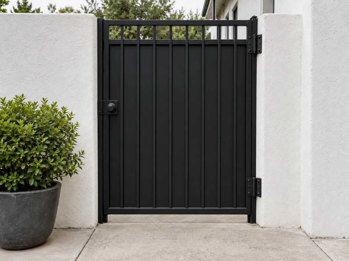 The same walk gate, wall and potted shrub with the gate freshly finished in satin black, no rust on the hinges or latch