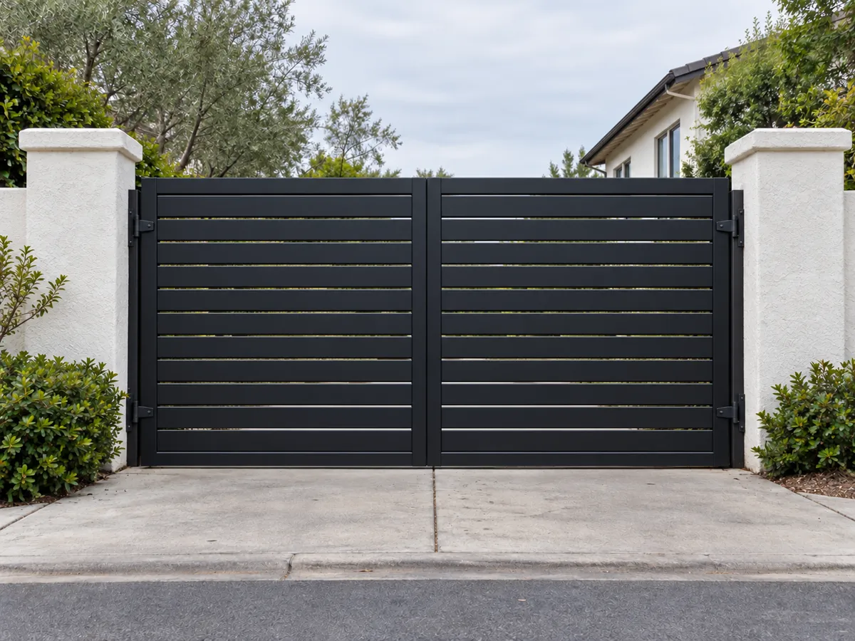 The same opening and pillars with a new black horizontal-slat double driveway gate