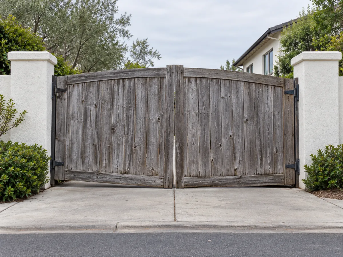Weathered grey wooden double driveway gate sagging between two white stucco pillars, shrubs at the pillar bases