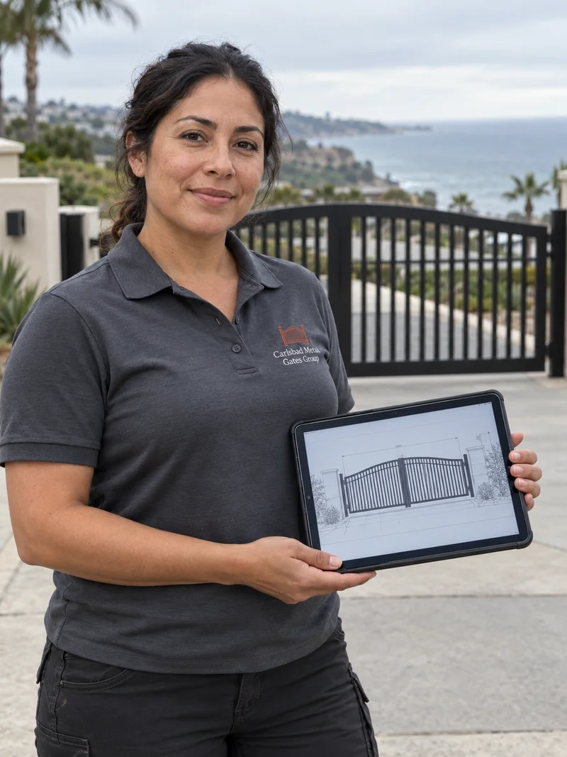 Elena Marquez holding a tablet with a gate elevation drawing in front of a black arched aluminum driveway gate with the ocean behind