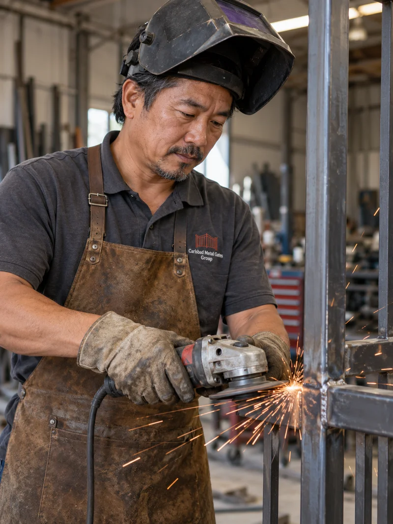 Kenji Mori in a leather apron and welding helmet flipped up, grinding a weld on a steel gate frame in the shop with sparks flying