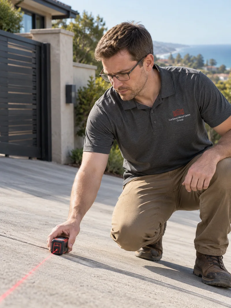 Marcus Bell in glasses crouching on a sloped concrete driveway with a laser measure beside a horizontal-slat gate