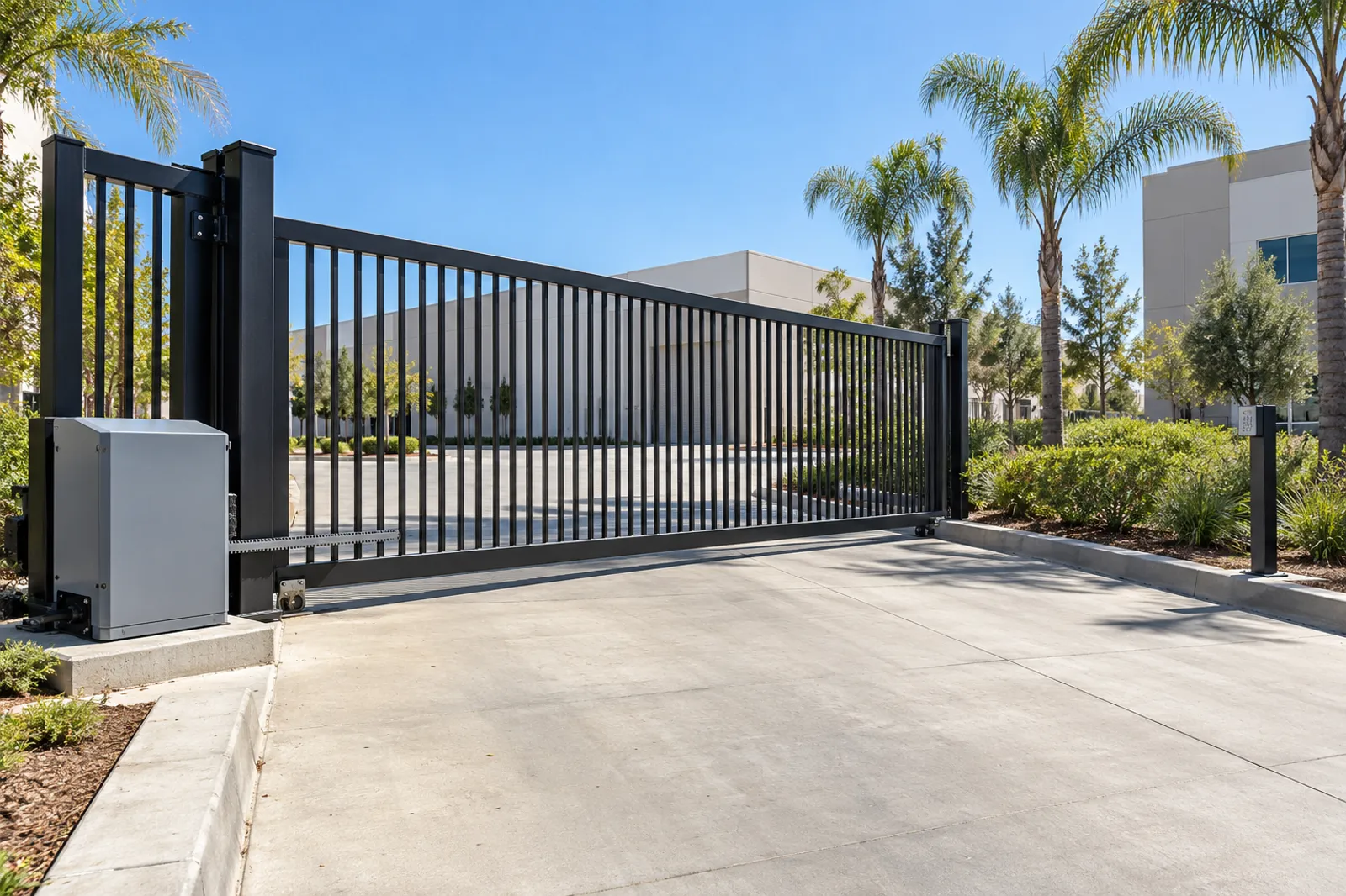 Black steel cantilever slide gate closed across a business park truck entrance, gray operator box on a concrete pad and a keypad post beside the drive