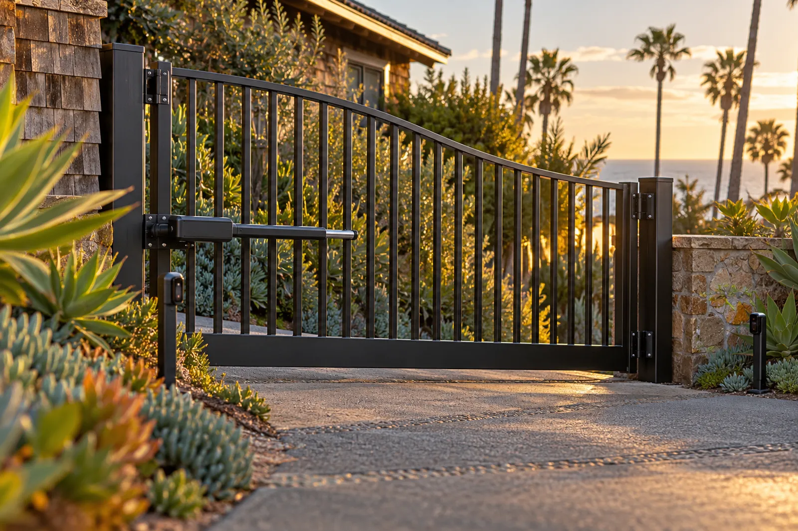 Black steel swing driveway gate with a linear operator arm and photo eye post beside a shingled beach bungalow at sunset