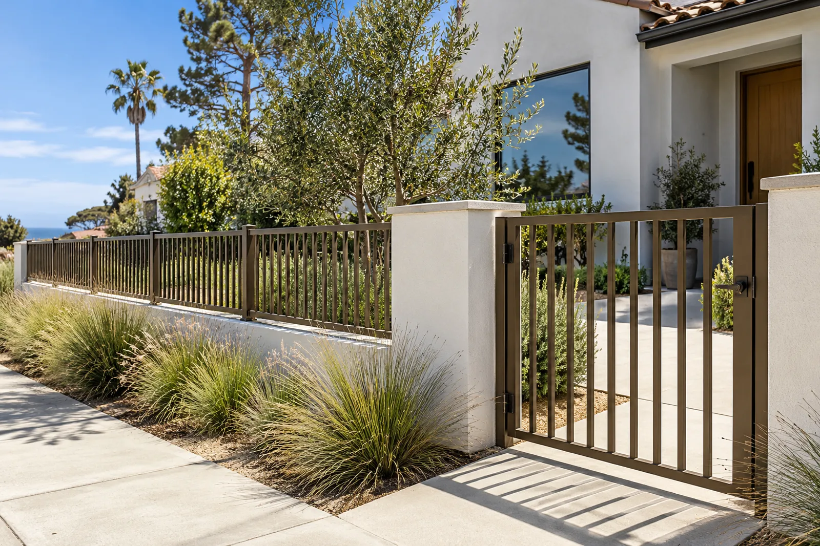 Bronze aluminum fence and matching walk gate along a white stucco coastal home, ornamental grasses along the sidewalk