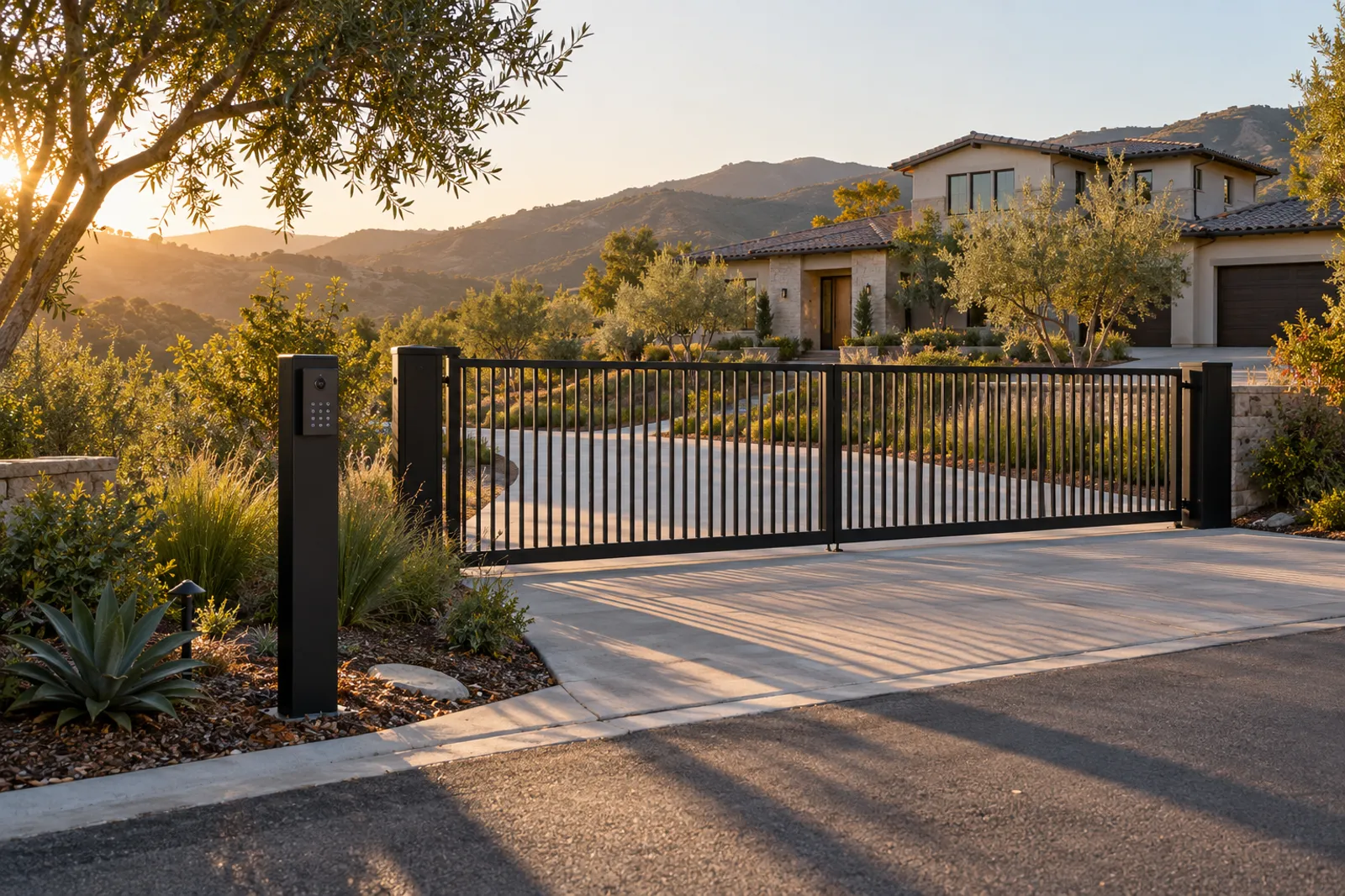 Black pedestal with a video intercom and keypad beside a closed black steel driveway gate, hillside home in golden light