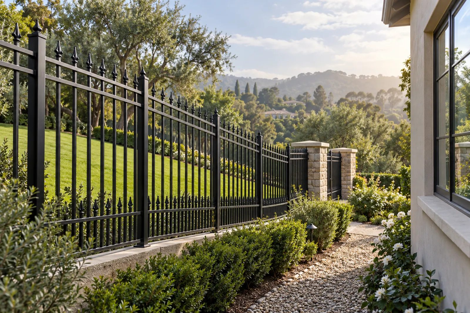Black ornamental steel fence with spear tops racked along a sloping lawn, stone pillars at the end of the run