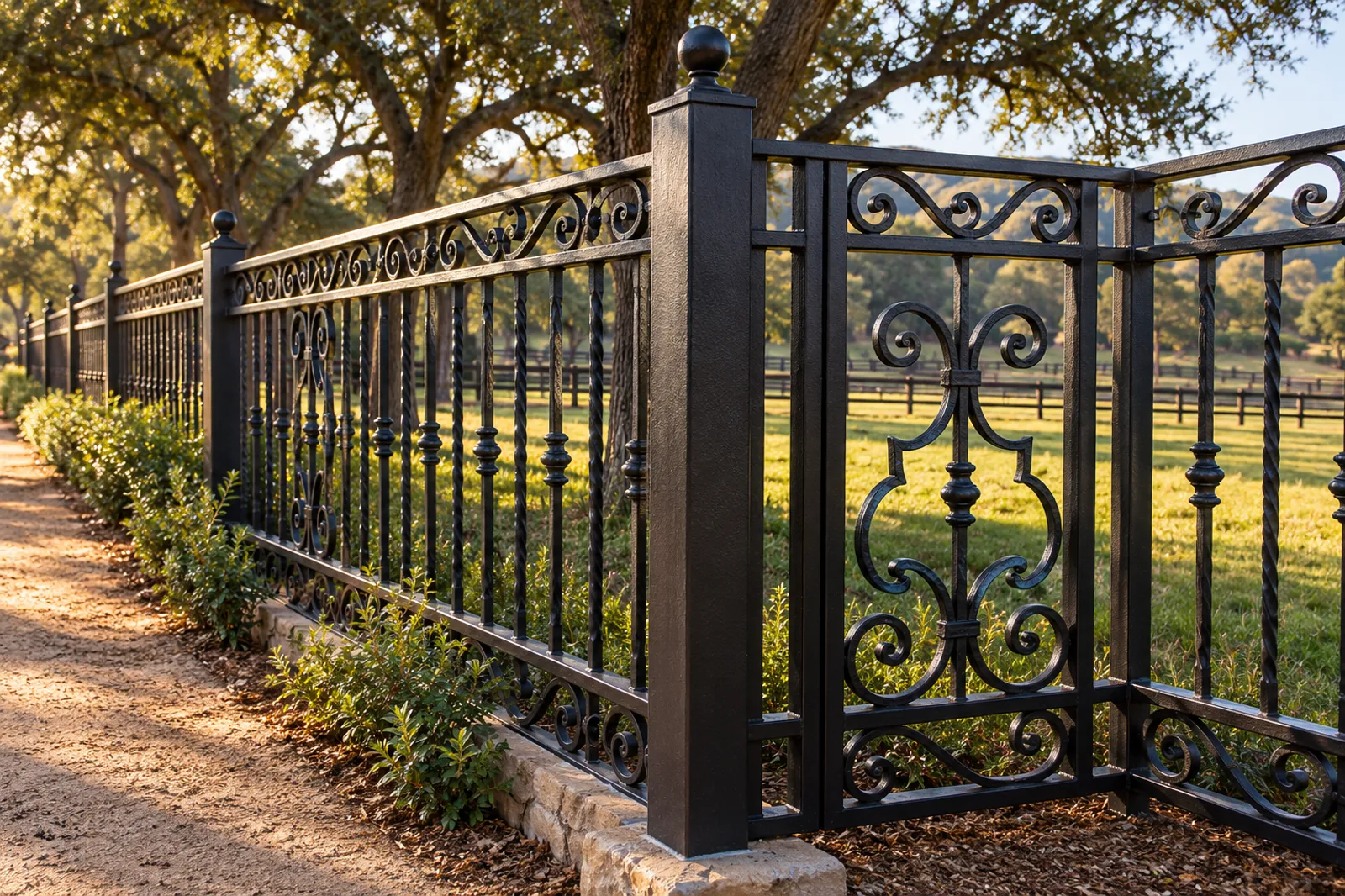 Hand-forged black wrought iron fence with scroll panels and twisted pickets along a riding trail beside a green pasture
