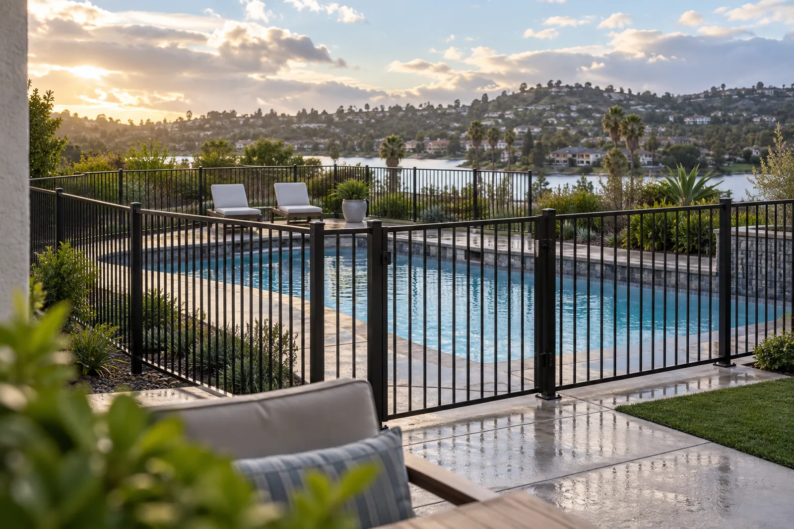Black aluminum pool fence with a self-closing gate around a blue pool, lake and hillside homes behind