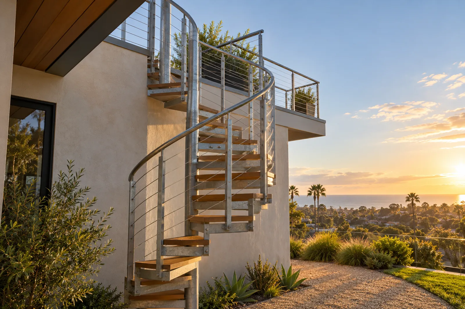 Galvanized steel spiral staircase with wood treads curving up a stucco wall to a roof deck, ocean sunset behind