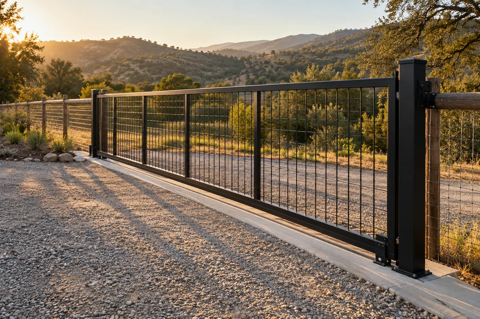 Black steel slide gate along a field-wire fence across a rural gravel drive, low sun over oak-covered hills