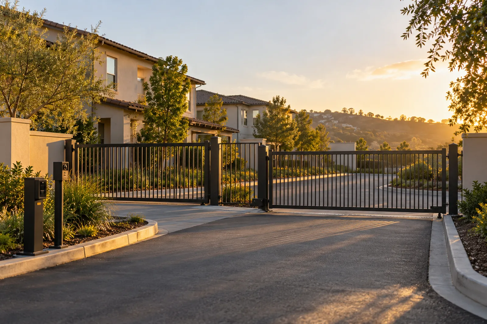 Black steel gates across the resident and visitor lanes of a stucco apartment community, reader posts at the curb in warm evening light