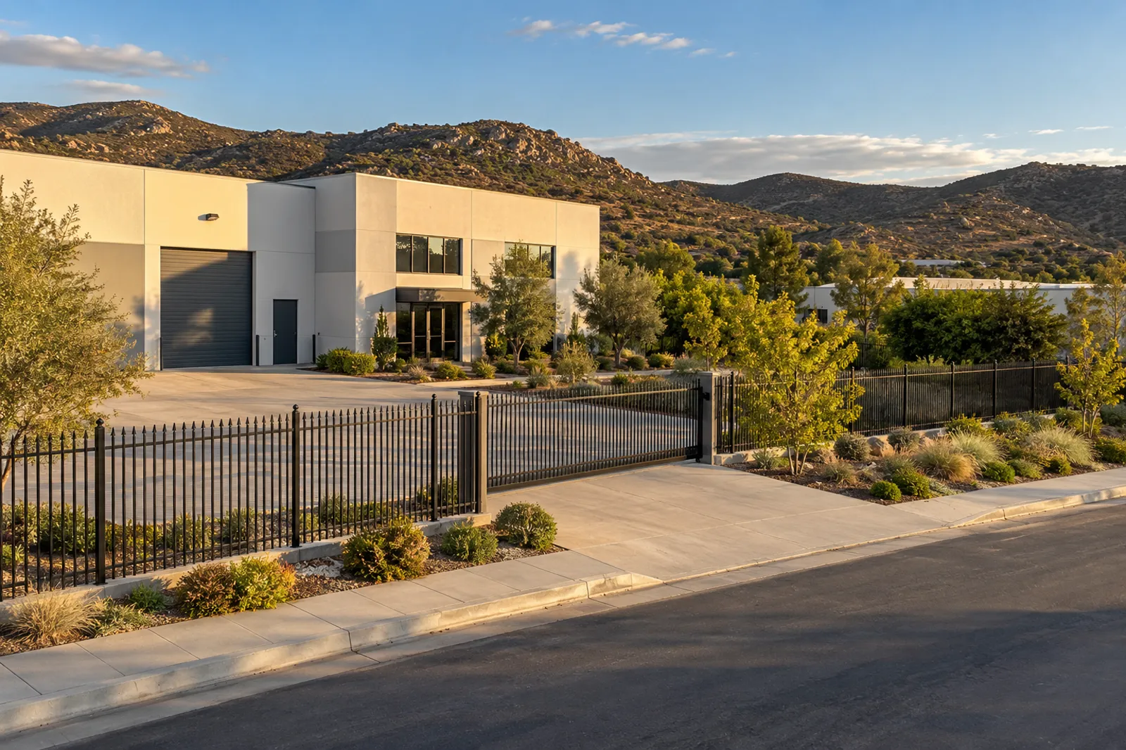 Long run of black ornamental steel fence along an industrial yard frontage, meeting a matching rolling gate, warehouse and hills behind