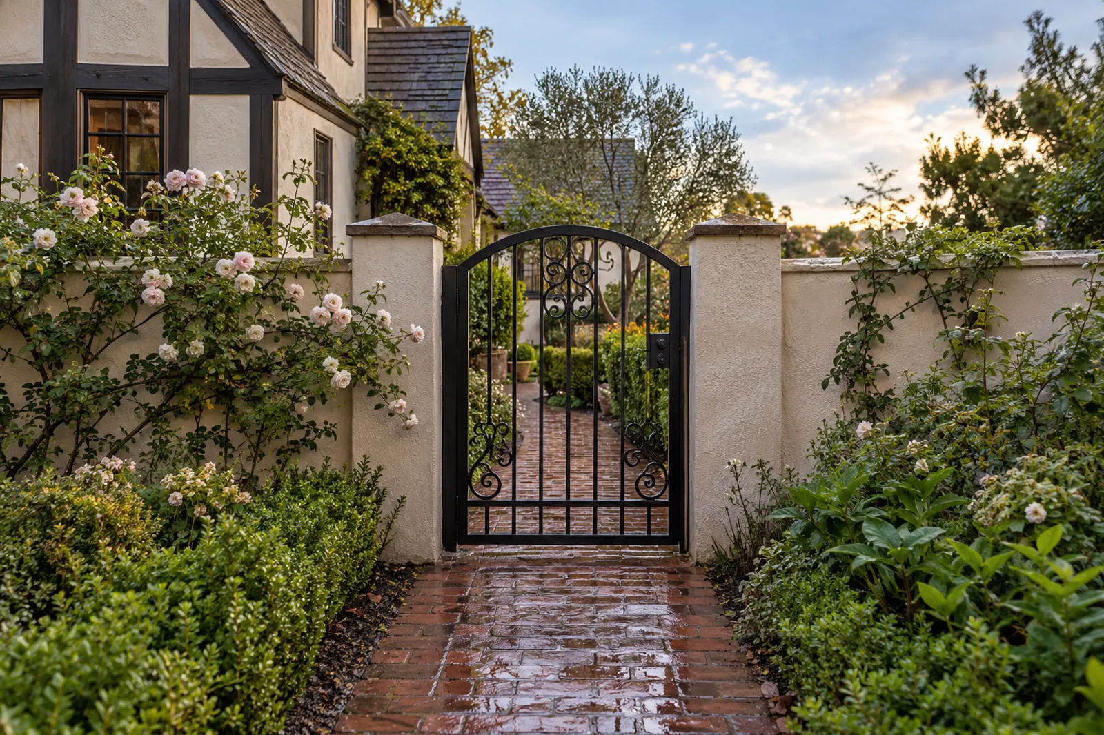 Arched black steel walk gate with scrollwork in a stucco garden wall, brick path and climbing roses beside a Tudor cottage