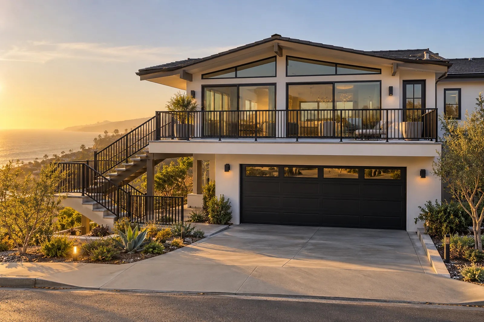 Black steel stair and balcony railings with close square balusters on a bluff-top home, ocean at sunset beyond