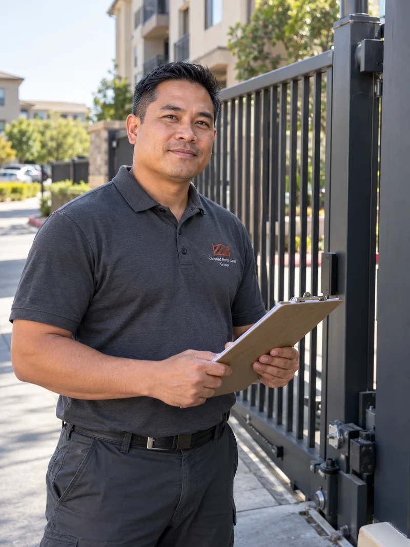 Tomas Villanueva holding a clipboard beside a charcoal steel slide gate at an apartment entrance